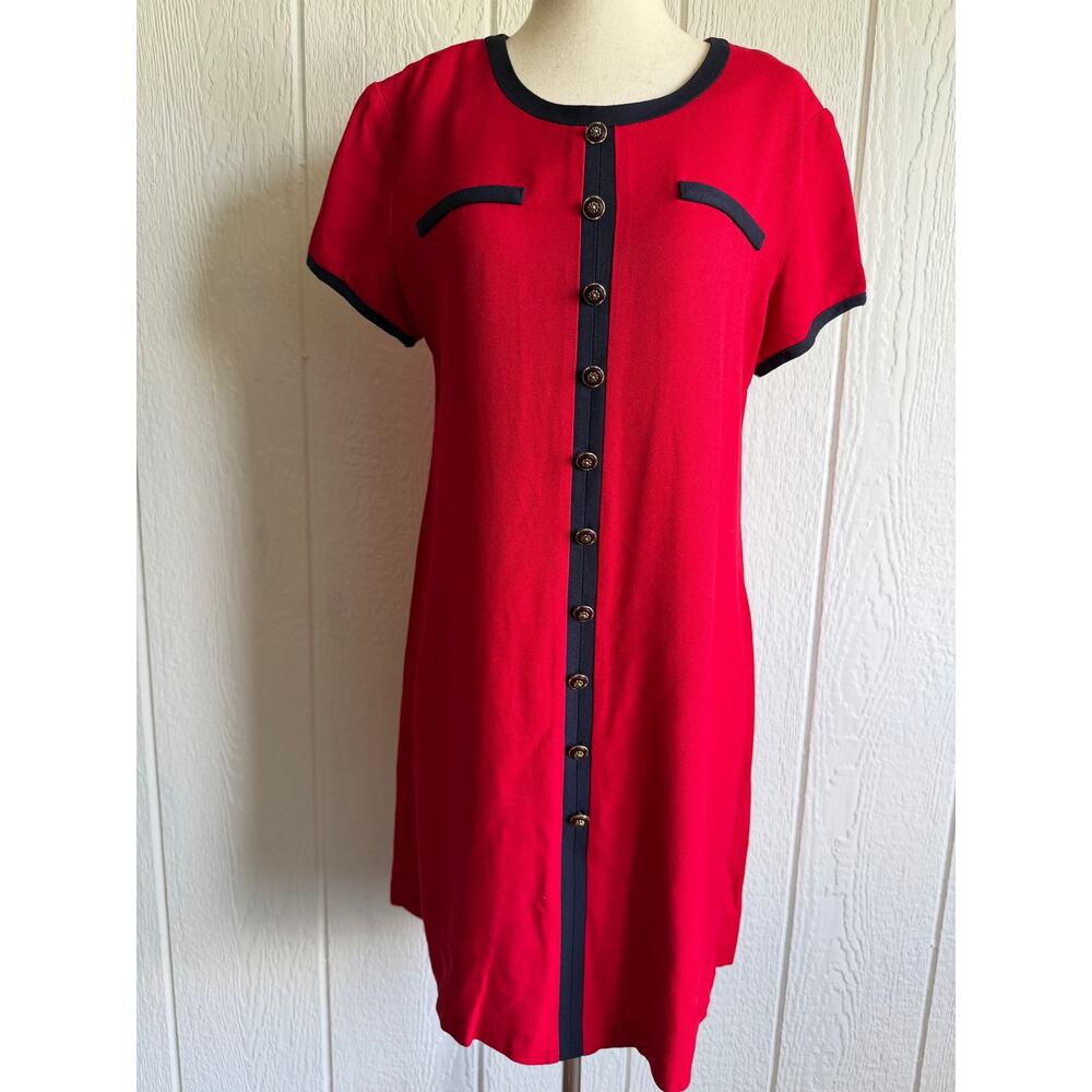 Vintage Jessica Howard Petite Red Dress Black Trim Gold Button Shift Dress
